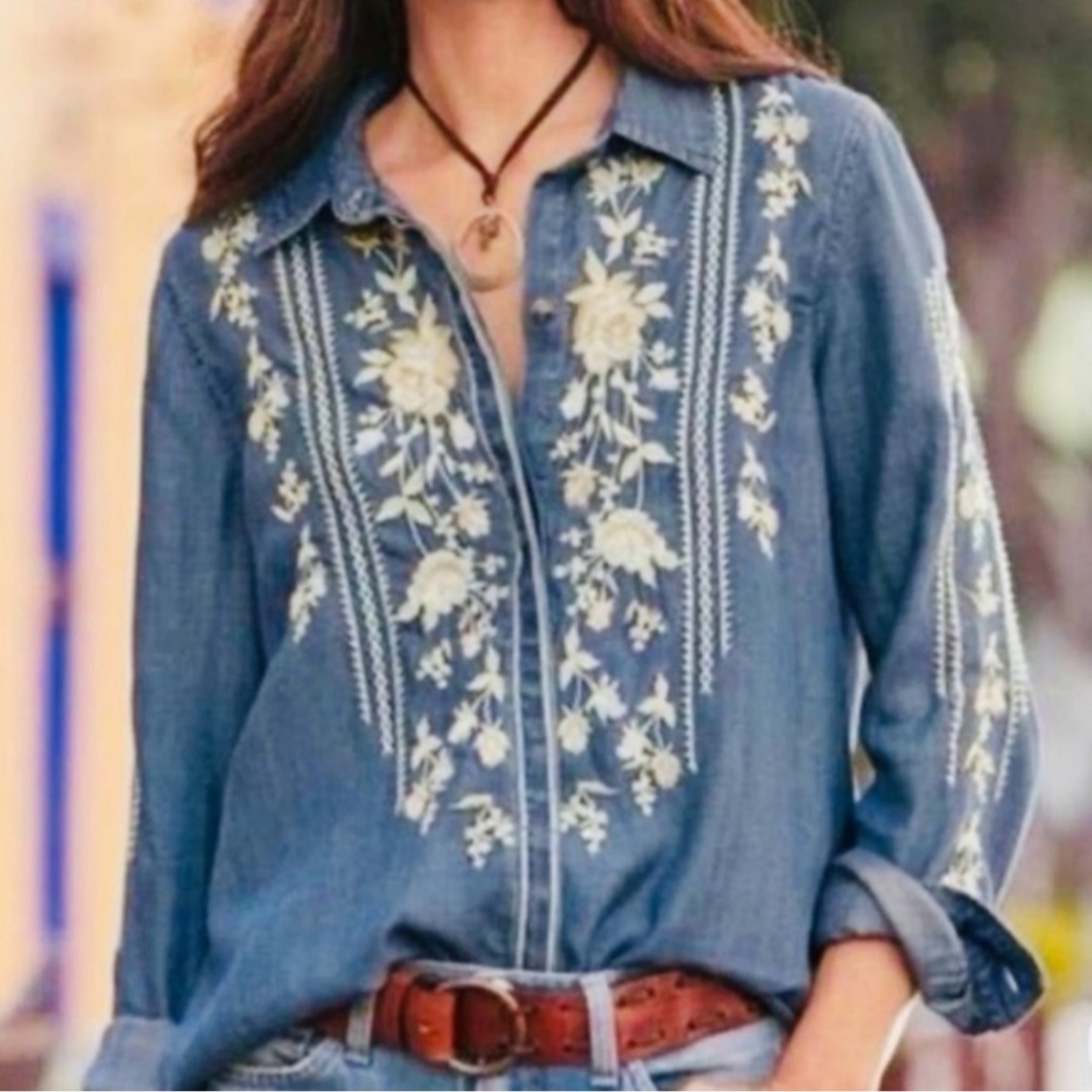 Driftwood Floral Embroidered Chambray Denim Button Up Shirt Sz Xl